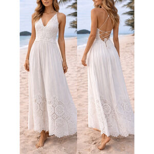 Liberty Garden White Boho Lace Maxi Dress Open Back Lace-Up Crochet Size L